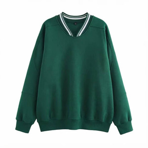 Sweat-shirt vert à col en V, logo personnalisé imprimé, unisexe, col rayé, manches longues, style universitaire, streetwear, pull-over, vente en gros OEM - Product Image 1