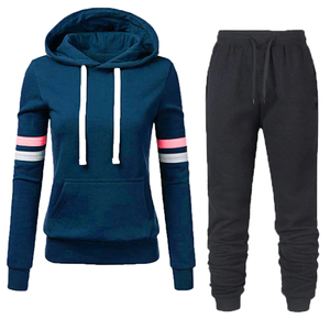Women's Red Hooded <b>Sweatshirt</b> With <b>White</b> Drawstring And Stripe Sleeves Matching Black Joggers Casual Tracksuit Autumn Wear - Product Image 2