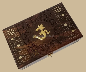 Om Vintage Style Durable Wooden <b>Storage</b> <b>Boxes</b> Engraved Design Buckle Closure Rectangle Shape Home Decor Jewelry Display <b>Brown</b> - Product Image 4