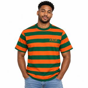 T-shirt rayé orange et vert personnalisé de l'Université FAMU de Floride, vente en gros, coton, tee-shirt universitaire, fabricant OEM - Product Image 3