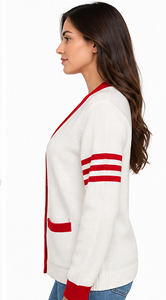 Cardigan en tricot personnalisé pour femme, col en V, boutonné, manches longues, bordure contrastante, style preppy, coupe classique, marque privée - Product Image 2