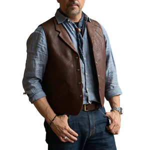 Chaleco de Cuero Genuino para Hombre, Color Sólido, Estilo Vintage, Cierre con Cinturón Ajustable, Ropa Exterior de Otoño - Product Image 4