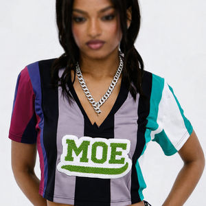 Camiseta Corta de Fútbol Americano a Rayas para Mujer, con Parche de Chenilla, Manga Corta, Poliéster, Ropa Urbana, Fabricación OEM - Product Image 2