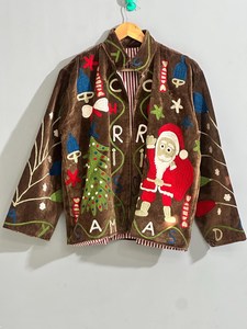 Cadeaux de Noël, veste en velours à texture riche, broderie Santa, blazer bohème indien personnalisé, manteau de Noël pour femmes - Product Image 1