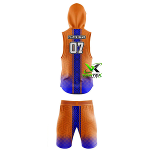 VANTEX <b>Men's</b> Custom Orange Blue Hooded Basketball Jersey <b>Shorts</b> Set 100% Polyester - Product Image 5