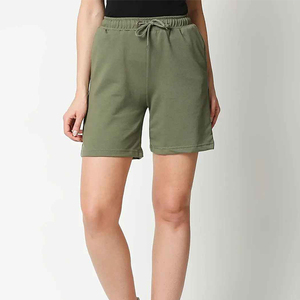 Shorts de punto de algodón negros para mujer, cintura media, con cordón, bolsillos casuales, transpirables, corte regular, estilo streetwear lavado a la piedra - Product Image 4
