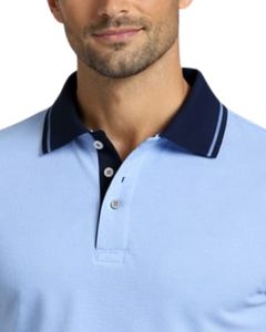Polo de algodón azul cielo personalizado para hombre con cuello y ribetes de manga en contraste azul marino, corte clásico, informal, para verano, suministro OEM al por mayor - Product Image 5