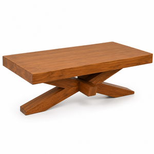 Table basse moderne en teck massif avec plateau rectangulaire épais et base en X, imperméable, écologique et durable - Product Image 1