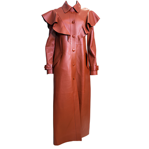 WEAR INTERNATIONAL <strong>Men's</strong> Genuine Leather Single Breasted Ruffle Sleeve Long <strong>Trench</strong> <strong>Coat</strong>-OEM Service Streetwear Outerwear - Product Image 1