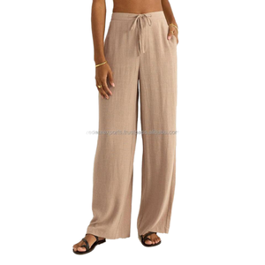 Pantalones de lino 100% de alta calidad para mujer, logotipo personalizable, estilo frontal plano transpirable para verano, MOQ bajo, suministro ODM - Product Image 2