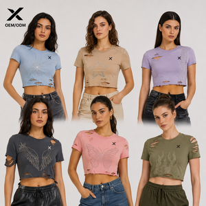 XSC Women's Crop <b>Top</b> Crew Neck <b>Rhinestone</b> Print Cut-Out Design Glitter Pattern Breathable Cotton Fitness Wear Multiple Colors - Product Image 1
