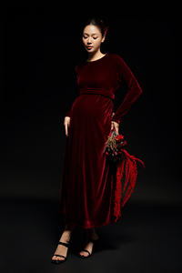 Vestido Midi de Verano de Terciopelo Sólido con Botones, Cintura Holgada, Transpirable, Elegante, Cuello Redondo, Manga Regular, Lujo, Rojo Borgoña - Product Image 3