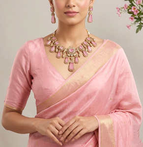 Ensemble de collier en pierre rose de luxe plaqué or avec zircone cubique, bijoux de mariage pour femmes avec boucles d'oreilles assorties - Product Image 2