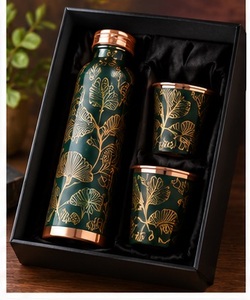 Peacock Pattern Copper Ayurvedic Water <b>Bottle</b> Set with 2 Cups Copper Lids Gift Box <b>Vintage</b> Portable Tumbler Set - Product Image 6