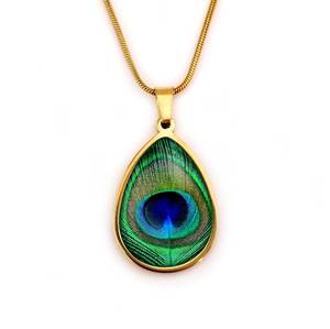 Collier Plumes de Paon Or Argent Pendentif Vert Bleu Vintage Fiançailles Certifié par un tiers Fait main Cadeau Mode Vente en gros - Product Image 4