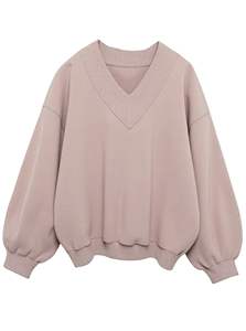 Sudadera con Capucha Extra Grande para Mujer, Color Beige Claro, Cuello en V, Manga Larga, Informal, Holgada, para Uso Diario en Invierno - Product Image 2