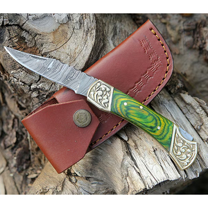 มีดพับใบมีดเหล็กดามัสกัสลายใหม่แกะสลักด้วยมือ ด้ามไม้สีเขียว - Product Image 4