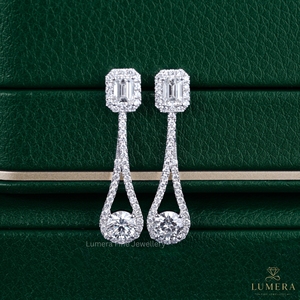 Emerald And Round Cut Lab Grown Diamond Open Drop Halo Cluster 10K Solid <b>Gold</b> Micro Pave <b>Dangle</b> Party Wear Fine <b>Earrings</b> For Her - Product Image 5