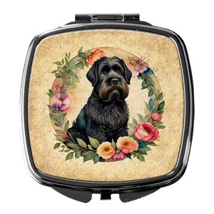 Black Russian Terrier <b>Flowers</b> Compact Travel Makeup <b>Mirror</b> Folding Handheld Design Gift for Women and Girls - Product Image 1