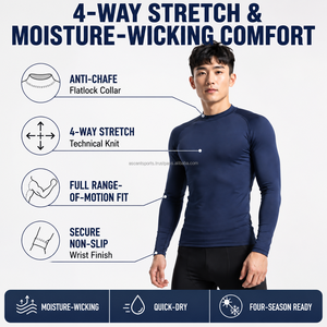 Men Performance Fit <b>Base</b> <b>Layer</b> Shirt Full Sleeve Quick Dry Breathable Compression Eco-Friendly Sports Top Dark <b>Blue</b> - Product Image 3