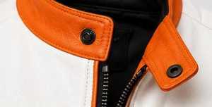 Veste de moto en cuir blanc et orange de haute qualité pour homme, col montant, fermeture éclair, design color block - Product Image 3