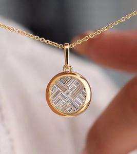 Customize Men's 14K <b>Solid</b> <b>Gold</b> Lab-Grown Diamond Bezel Set Baguette Cut Moissanite 5.50CT IGI Certified <b>Pendant</b> Rounded Golden - Product Image 4