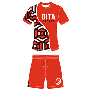 Conjunto de Camiseta y Pantalones Cortos de Rugby Geométricos en Rojo Brillante, Negro y Blanco, Cuello Redondo, Manga Corta, Personalizable, Transpirable, para Entrenamiento Deportivo en Equipo - Product Image 1