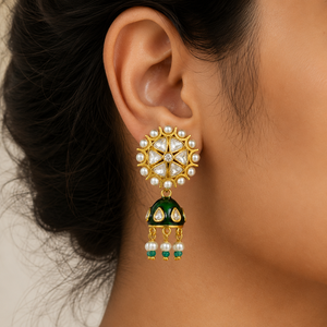 Wholesale Sstringz Exim 925 Sterling <b>Silver</b> Gold Plated Trendy Turquoise Polki Kundan Pearl Meenakari Pendant <b>Jhumka</b> Earrings - Product Image 2