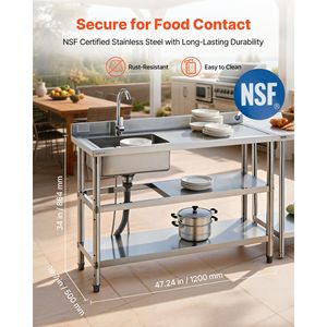 Lavello Commerciale Autoportante a Vasca Singola con Rubinetto da Cucina in Acciaio Inossidabile e Tubi per Acqua Calda e Fredda - Product Image 2