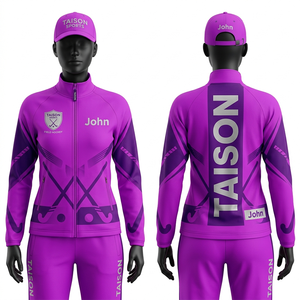 Conjunto Deportivo de Hockey sobre Césped para Mujer, 280 GSM, Poliéster y Spandex, Felpa, Panel Morado y Negro, Sublimación Personalizada, Logotipo Bordado - Product Image 1