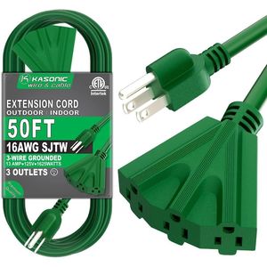 Cavo di prolunga certificato UL da 15 m con 3 prese, 13A 125V 1625W, SJTW a 3 fili con messa a terra per uso interno/esterno, colore verde - Product Image 1