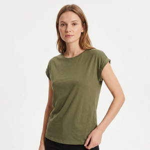 T-shirt Femme Vert Olive à Manches Courtes 100% Coton Tricoté Décontracté Respirant Col Rond Coupe Classique Printemps Été Bangladesh - Product Image 3