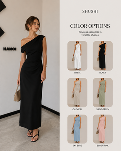 Última Tendencia Vestido Maxi Bohemio Negro de Un Solo Hombro con Cintura Imperio Transpirable para Mujer, Fruncido Asimétrico Sin Mangas Largo de Noche - Product Image 2