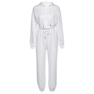 Ensemble haut court à capuche en tricot gris et pantalon de survêtement taille haute pour femme, manches longues bouffantes, coupe décontractée, couleur unie, toutes saisons - Product Image 6