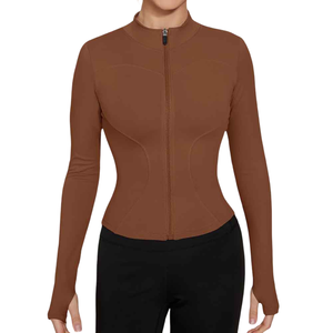 Veste de motard marron pour femme à manches longues avec fermeture éclair, tricotée, respirante, couleur unie, col montant, longueur standard, pour l'automne - Product Image 1