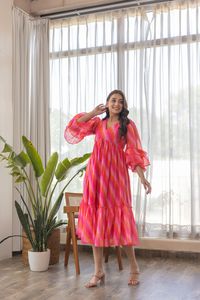 Vestido midi de gasa con cuello en V y mangas abullonadas, a rayas de color caramelo, cintura imperio, corte A, holgado, informal de verano para mujer - Product Image 5