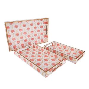 Plateau de service rectangulaire en bois laqué à motifs floraux pour table basse, idéal pour les desserts et les aliments - Product Image 1