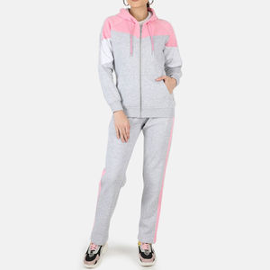 Survêtement pour femme à blocs de couleur, à capuche, avec fermeture éclair, manches longues, décontracté, printemps, gris rose, polyester coton, coupe régulière, poches latérales - Product Image 4