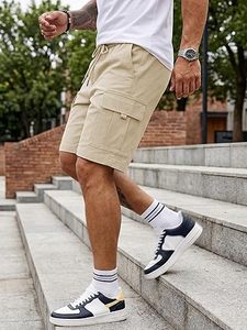 Shorts Cargo Jogger Homme en Toile 100% Coton Respirante et Imperméable, Taille Mi-Haute avec Cordon de Serrage, Multi-Poches - Product Image 4