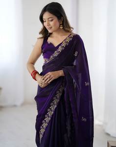 Sari Moderno de Seda Suave para Mujer, con Bordado de Lentejuelas, de Secado Rápido, para Bodas y Fiestas - Product Image 3