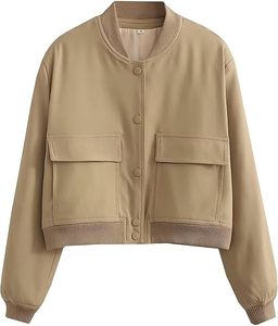 Chaqueta Bomber Corta Beige para Mujer, Manga Larga, Cuello Alto, Cierre de Botones, Ropa Exterior Informal, Color Sólido, Bolsillos con Parches, Ropa de Otoño - Product Image 1