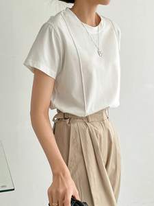 Solid Seam Detail <b>Tee</b> Old Money Style Business Women's Shirts Casual Short Sleeve <b>White</b> T-Shirt O-Neck Cotton Blouse Tops OEM - Product Image 4