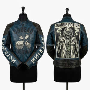 เสื้อแจ็คเก็ตหนังสีแดงเลือดหมู ลายกราฟิกซอมบี้ เบลล์ฮอป ธีมบริการโรงแรม เสื้อโค้ทไบค์เกอร์ ลายหัวกะโหลก ลายกระเป๋าเดินทาง เสื้อผ้าสตรีทแวร์สั่งทำพิเศษ - Product Image 6