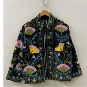 Top Product Wholesale Suzani Embroidered Velvet Jacket Women Short Winter <b>Coat</b> Button Bohemian Bomber Jacket Factory Price - Product Image 1