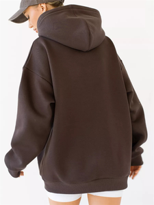 Sweat-shirt à capuche surdimensionné pour femme, couleur unie, manches longues, en coton tricoté, respirant, longueur longue, avec poches, pour l'automne - Product Image 3