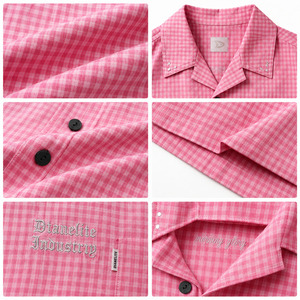 Camisa Cuadrada de Hombre con Pedrería y Cuadros Vichy Estilo Y2K, Personalizada OEM |   Camisa de Manga Corta con Cuello Camisero en Rosa Fuerte y Blanco |   Ropa Urbana al por Mayor - Product Image 6