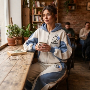 Ensemble de survêtement pour femme bleu glace et blanc avec fermeture éclair, design à empiècements de couleur, pantalon de jogging oversize, style streetwear - Product Image 3