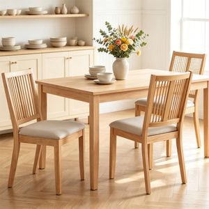 Chaises de salle à manger en bois de caoutchouc, style français, lot de 2, avec dossier en rotin tressé en PVC et assise rembourrée en tissu - Product Image 4