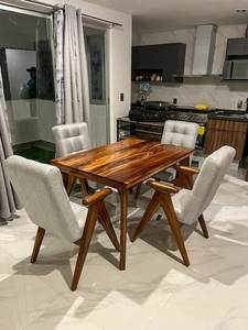 Juego de Comedor Contemporáneo de Madera de Teca, Silla con Brazos Tapizados Modernos, Muebles de Comedor Elegantes de Madera Sólida para Apartamento o Villa - Product Image 4