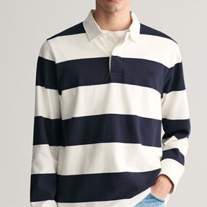 Men's Long Sleeve Striped Cotton <b>Polo</b> Shirt Casual Knitted Breathable Regular Fit Navy <b>White</b> - Product Image 1